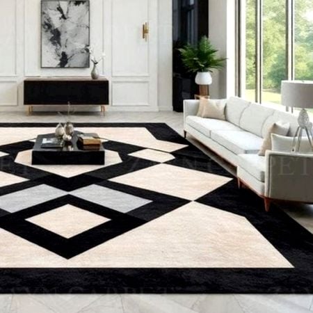 Handcrafted Black Ivory Geometric Living Room Rug